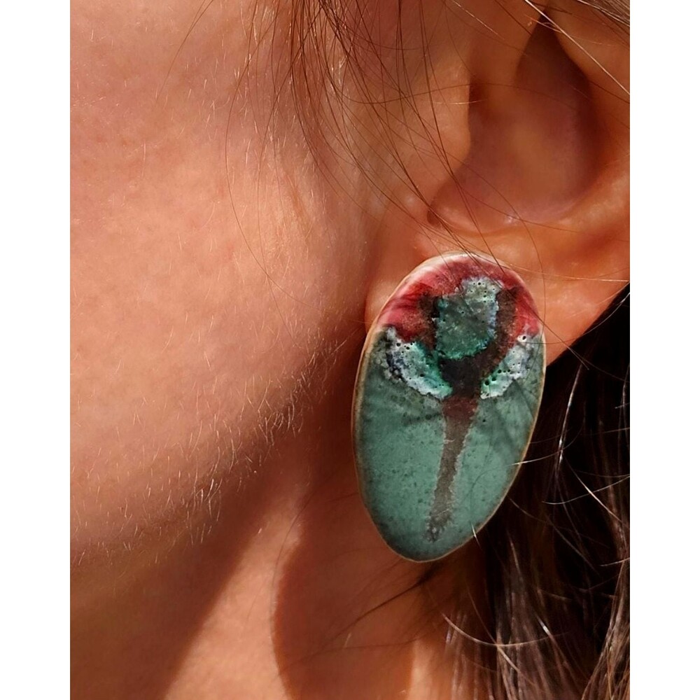 Egg-Shaped Ceramic Stud Earrings: Teal Brown Glazed Vintage Jewelry